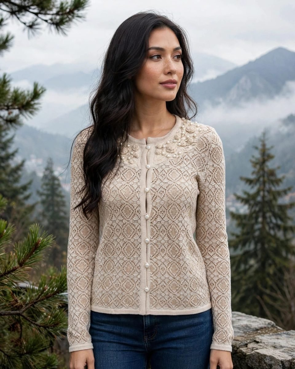 Model wearing the cream Diamond Lace Cardigan against misty northern mountains